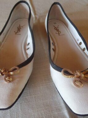 Yves Saint Laurent YSL Ballet Flats Cream Black Canvas Bow EU 39